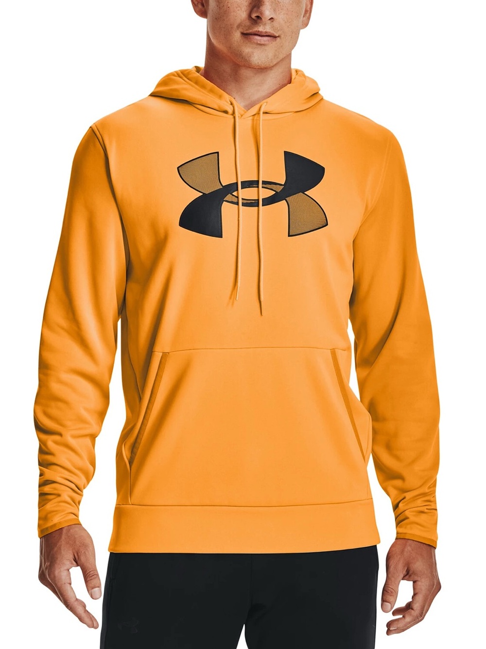 NWOT Under Armour Men's Yellow-Orange Pullover Hoodie Black Logo Loose Fit Small